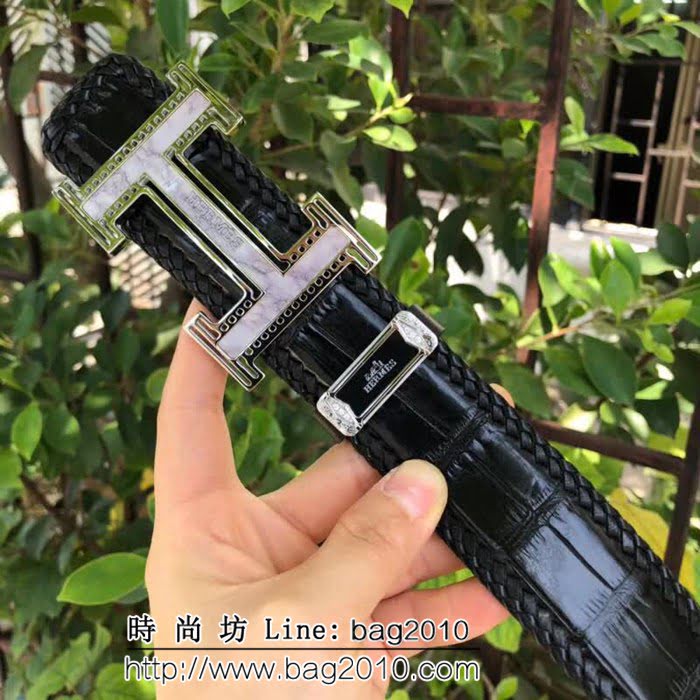 愛馬仕HERMES 純手工編織美洲鱷魚無拼接肚皮 高端男士皮帶 HHG1570